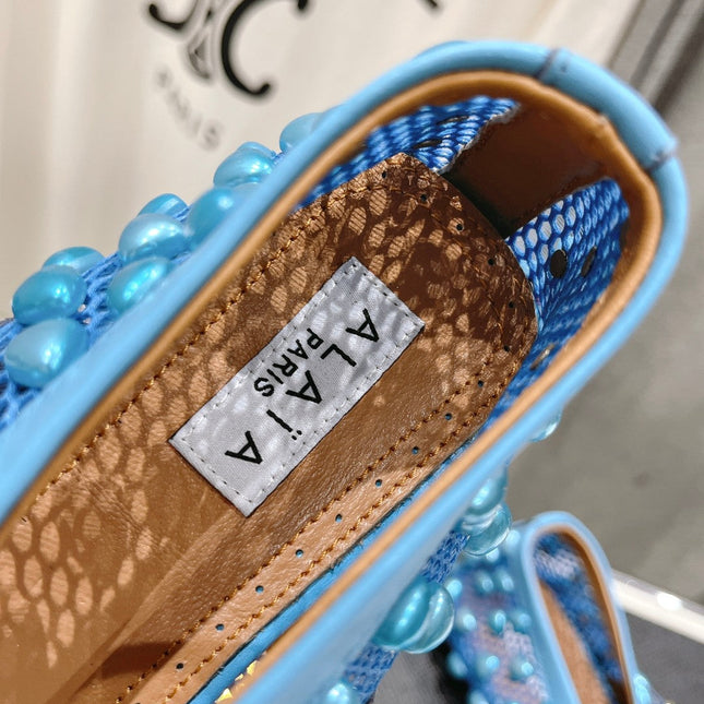 ALAIA PEARL MARY JANE SHOES IN CERULEAN BLUE MESH AND CALFSKIN