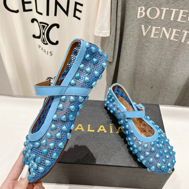 ALAIA PEARL MARY JANE SHOES IN CERULEAN BLUE MESH AND CALFSKIN