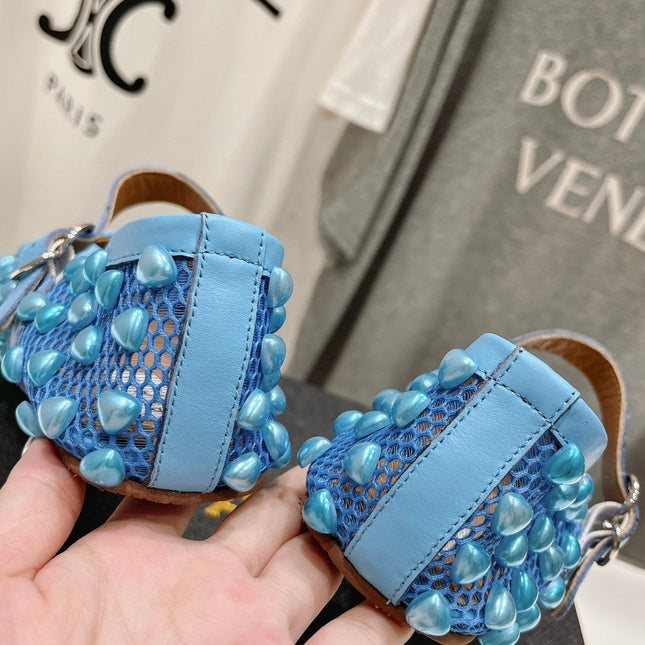 ALAIA PEARL MARY JANE SHOES IN CERULEAN BLUE MESH AND CALFSKIN