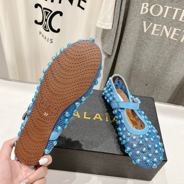 ALAIA PEARL MARY JANE SHOES IN CERULEAN BLUE MESH AND CALFSKIN