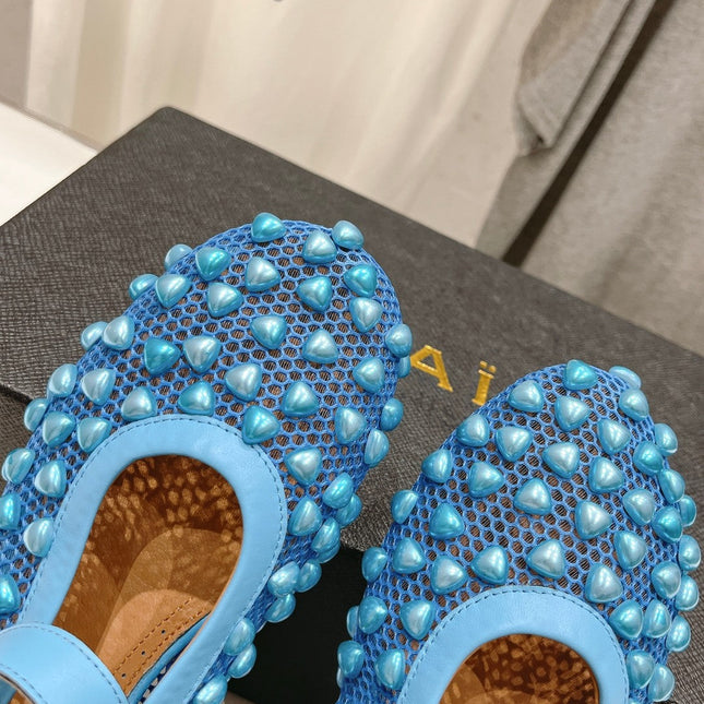 ALAIA PEARL MARY JANE SHOES IN CERULEAN BLUE MESH AND CALFSKIN