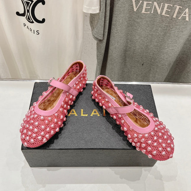 ALAIA PEARL MARY JANE SHOES IN DARK PINK MESH AND CALFSKIN