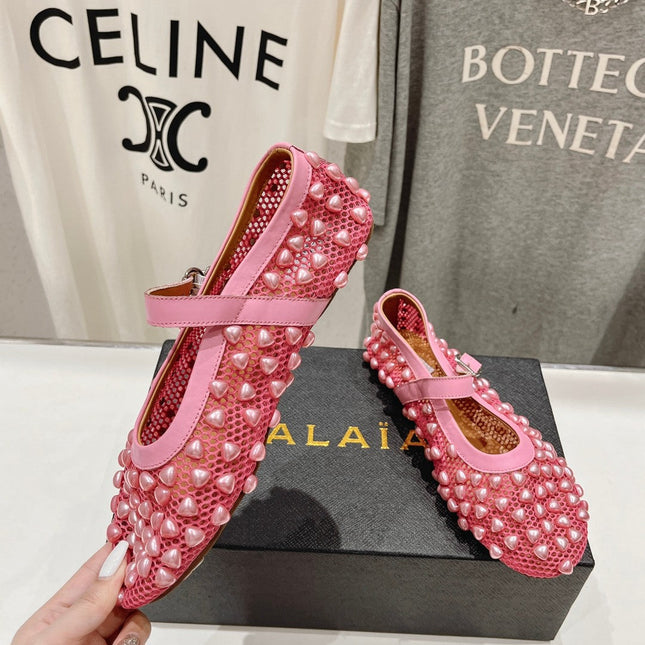 ALAIA PEARL MARY JANE SHOES IN DARK PINK MESH AND CALFSKIN