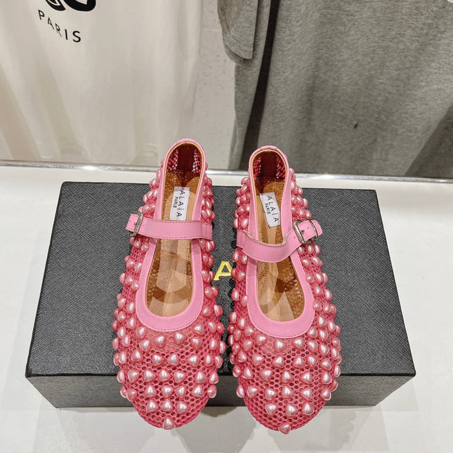 ALAIA PEARL MARY JANE SHOES IN DARK PINK MESH AND CALFSKIN