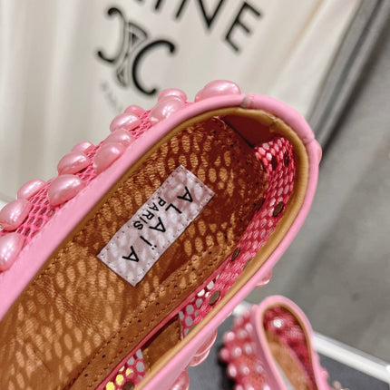 ALAIA PEARL MARY JANE SHOES IN DARK PINK MESH AND CALFSKIN