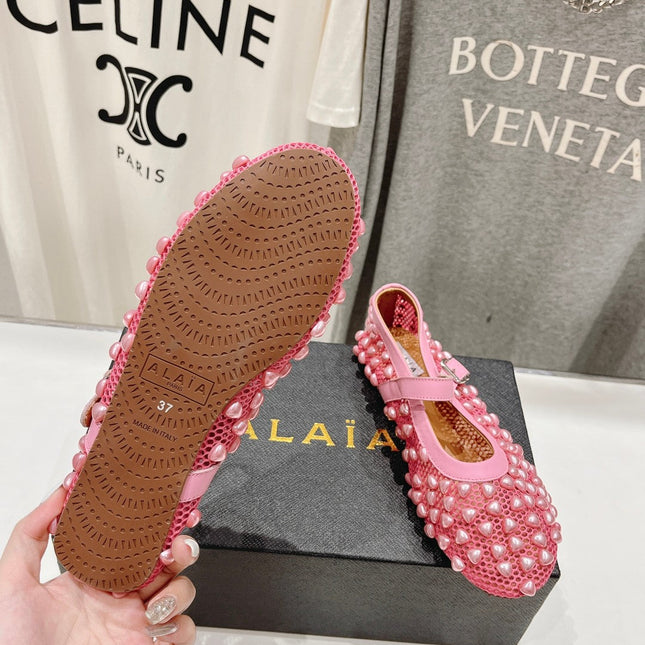 ALAIA PEARL MARY JANE SHOES IN DARK PINK MESH AND CALFSKIN