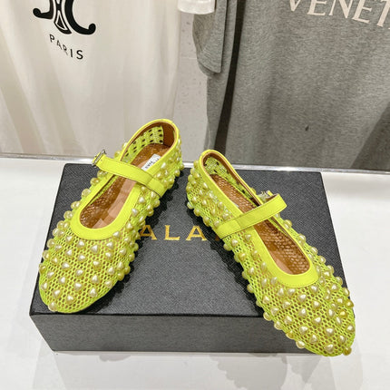 ALAIA PEARL MARY JANE SHOES IN NEON YELLOW MESH AND CALFSKIN