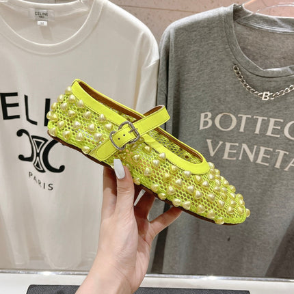 ALAIA PEARL MARY JANE SHOES IN NEON YELLOW MESH AND CALFSKIN