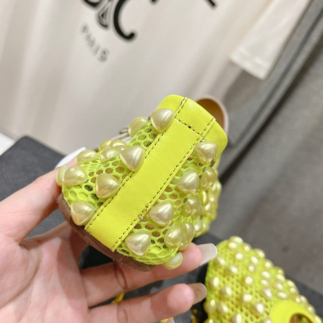 ALAIA PEARL MARY JANE SHOES IN NEON YELLOW MESH AND CALFSKIN