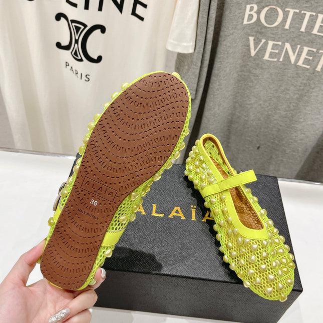 ALAIA PEARL MARY JANE SHOES IN NEON YELLOW MESH AND CALFSKIN
