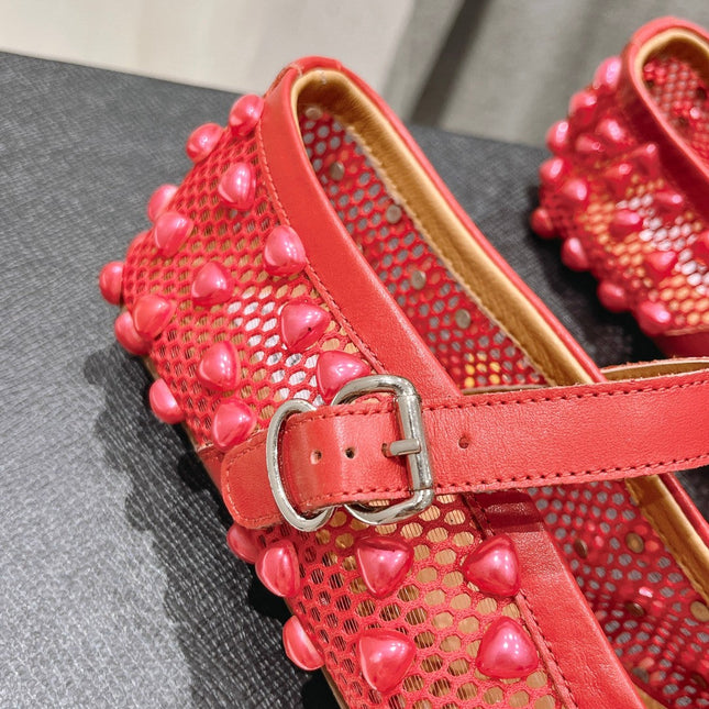 ALAIA PEARL MARY JANE SHOES IN CHERRY RED MESH AND CALFSKIN