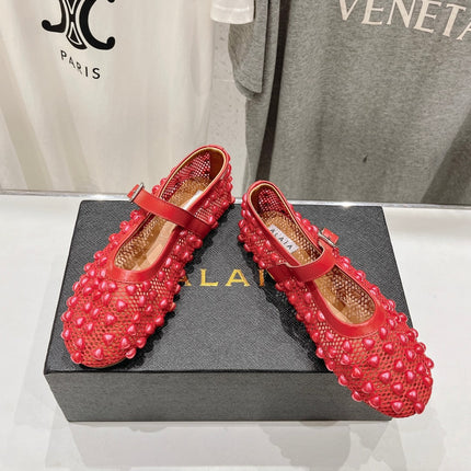 ALAIA PEARL MARY JANE SHOES IN CHERRY RED MESH AND CALFSKIN