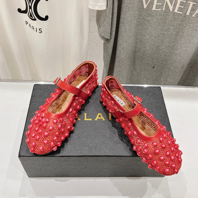 ALAIA PEARL MARY JANE SHOES IN CHERRY RED MESH AND CALFSKIN