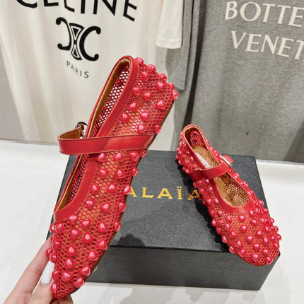 ALAIA PEARL MARY JANE SHOES IN CHERRY RED MESH AND CALFSKIN