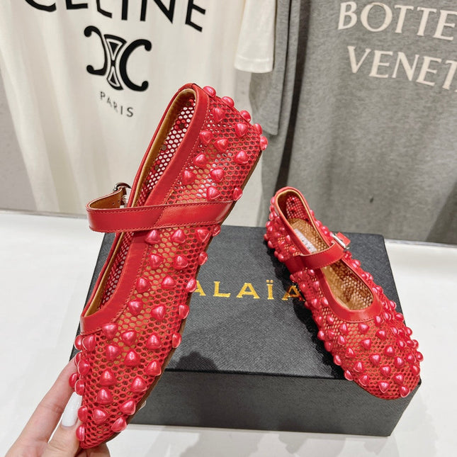 ALAIA PEARL MARY JANE SHOES IN CHERRY RED MESH AND CALFSKIN