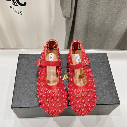 ALAIA PEARL MARY JANE SHOES IN CHERRY RED MESH AND CALFSKIN