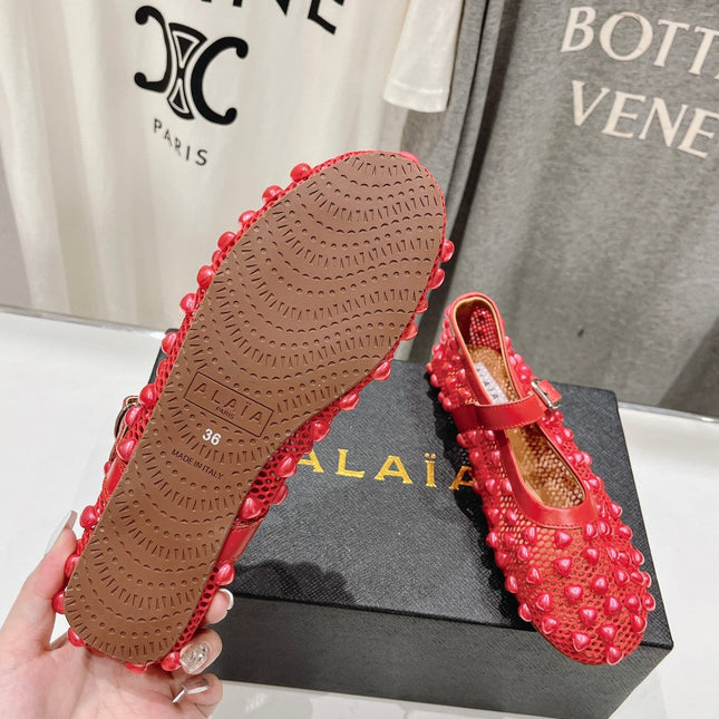 ALAIA PEARL MARY JANE SHOES IN CHERRY RED MESH AND CALFSKIN