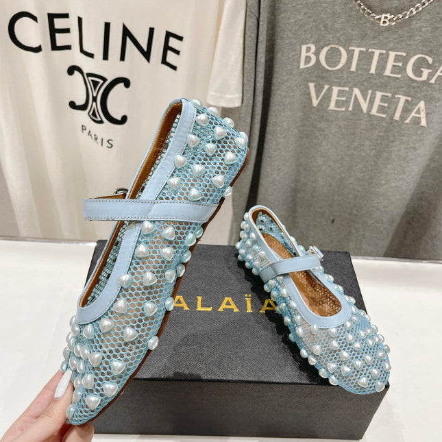 ALAIA PEARL MARY JANE SHOES IN LIGHT BLUE MESH AND CALFSKIN