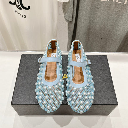 ALAIA PEARL MARY JANE SHOES IN LIGHT BLUE MESH AND CALFSKIN