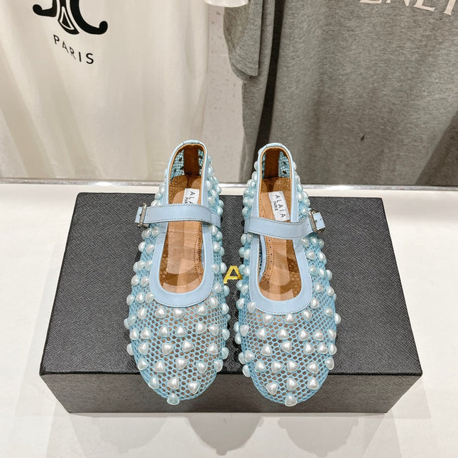 ALAIA PEARL MARY JANE SHOES IN LIGHT BLUE MESH AND CALFSKIN