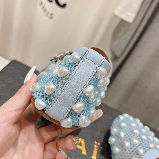 ALAIA PEARL MARY JANE SHOES IN LIGHT BLUE MESH AND CALFSKIN