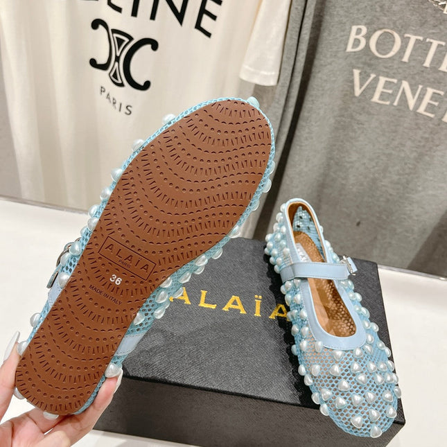ALAIA PEARL MARY JANE SHOES IN LIGHT BLUE MESH AND CALFSKIN