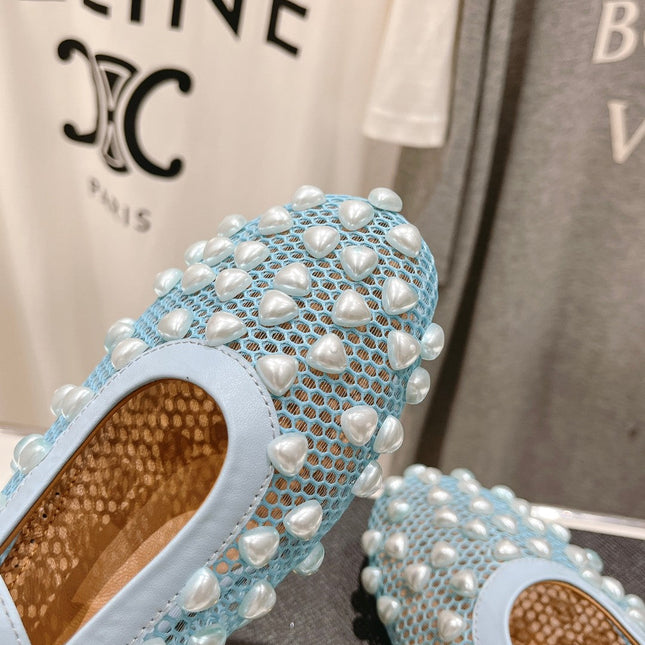 ALAIA PEARL MARY JANE SHOES IN LIGHT BLUE MESH AND CALFSKIN