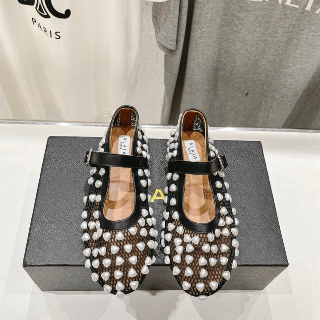ALAIA PEARL MARY JANE SHOES IN BLACK MIX WHITE MESH AND CALFSKIN