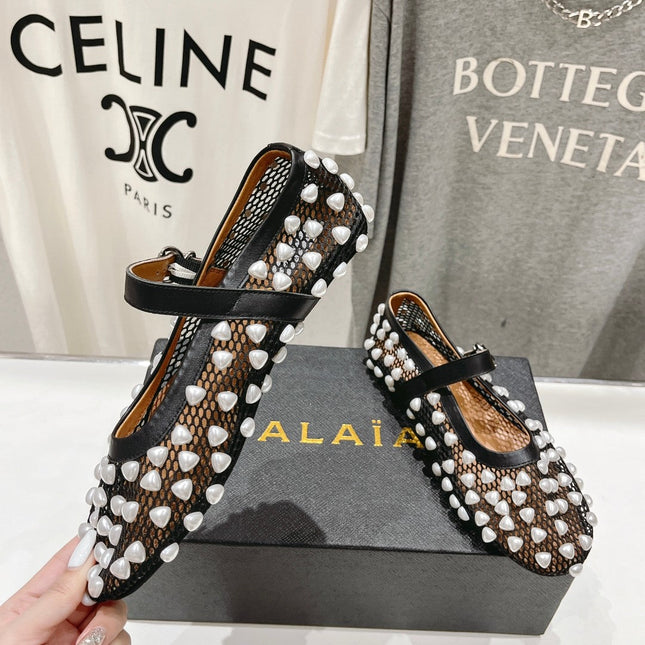 ALAIA PEARL MARY JANE SHOES IN BLACK MIX WHITE MESH AND CALFSKIN