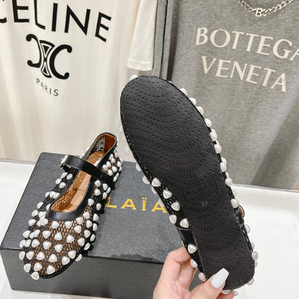 ALAIA PEARL MARY JANE SHOES IN BLACK MIX WHITE MESH AND CALFSKIN