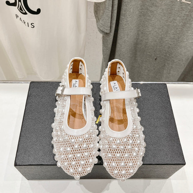 ALAIA PEARL MARY JANE SHOES IN WHITE MESH AND CALFSKIN