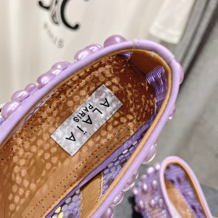 ALAIA PEARL MARY JANE SHOES IN LAVENDER PURPLE MESH AND CALFSKIN