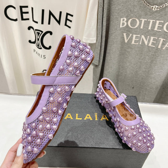 ALAIA PEARL MARY JANE SHOES IN LAVENDER PURPLE MESH AND CALFSKIN