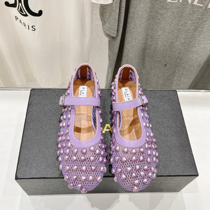 ALAIA PEARL MARY JANE SHOES IN LAVENDER PURPLE MESH AND CALFSKIN
