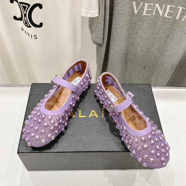 ALAIA PEARL MARY JANE SHOES IN LAVENDER PURPLE MESH AND CALFSKIN