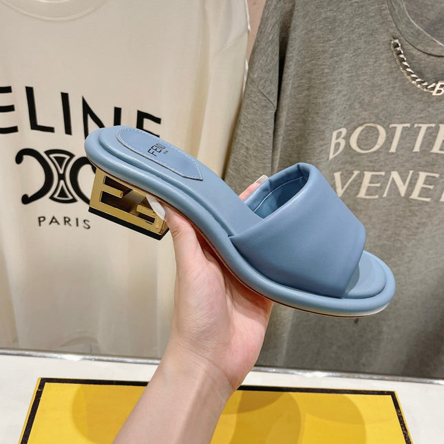 FENDI BAGUETTE MEDIUM-HEEL SANDALS 45 MM IN CERULEAN BLUE CALFSKIN