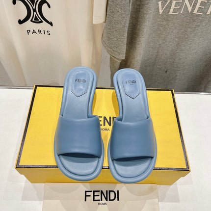 FENDI BAGUETTE MEDIUM-HEEL SANDALS 45 MM IN CERULEAN BLUE CALFSKIN