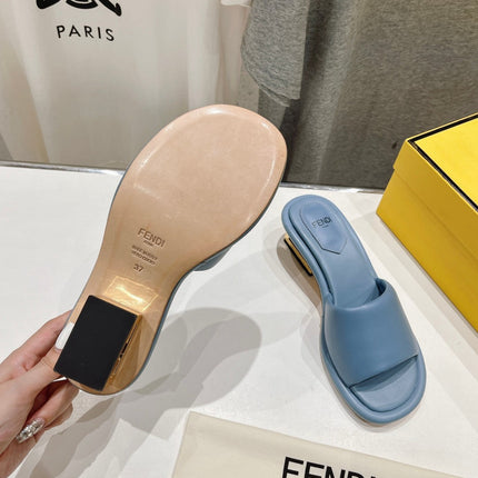 FENDI BAGUETTE MEDIUM-HEEL SANDALS 45 MM IN CERULEAN BLUE CALFSKIN