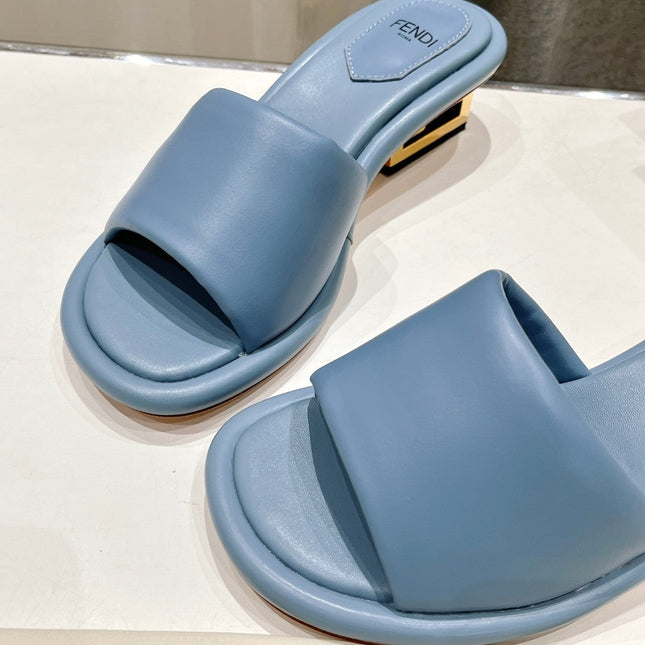 FENDI BAGUETTE MEDIUM-HEEL SANDALS 45 MM IN CERULEAN BLUE CALFSKIN