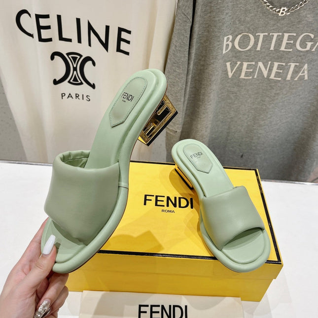 FENDI BAGUETTE MEDIUM-HEEL SANDALS 45 MM IN GREEN MINT CALFSKIN