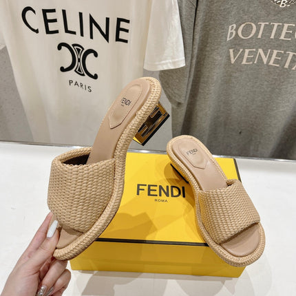 FENDI FFOLD MEDIUM-HEEL SANDALS 45 MM IN TUSCAN BEIGE COTTON FIBRE