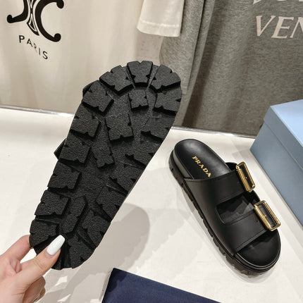 PRA STRAP SLIDES SANDALS BLACK CALFSKIN