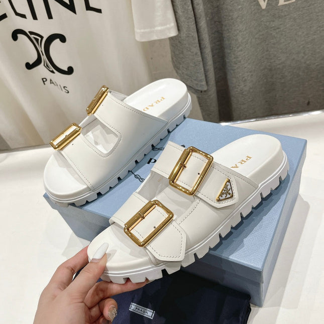 PRA STRAP SLIDES SANDALS WHITE CALFSKIN