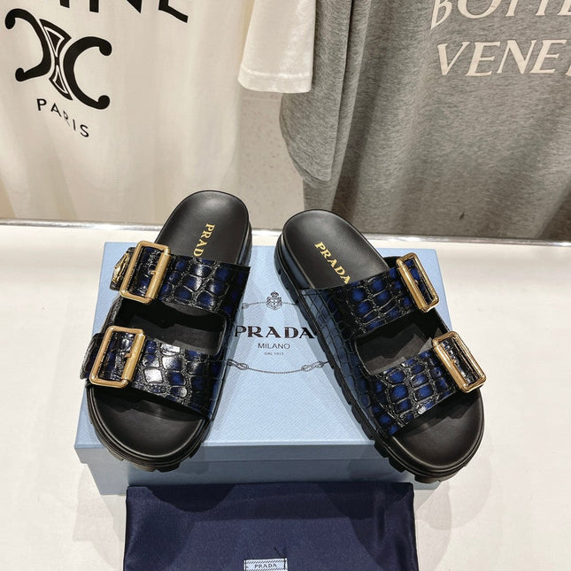 PRA CROCODILE MOTIF STRAP SLIDES SANDALS BLACK AND LAPIS CALFSKIN