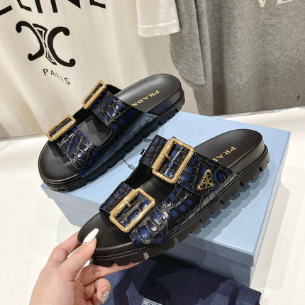 PRA CROCODILE MOTIF STRAP SLIDES SANDALS BLACK AND LAPIS CALFSKIN