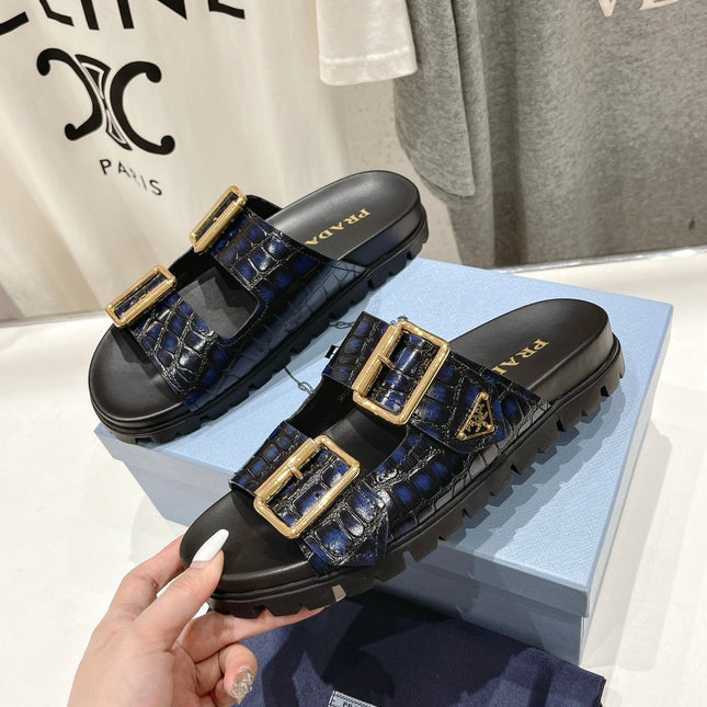 PRA CROCODILE MOTIF STRAP SLIDES SANDALS BLACK AND LAPIS CALFSKIN