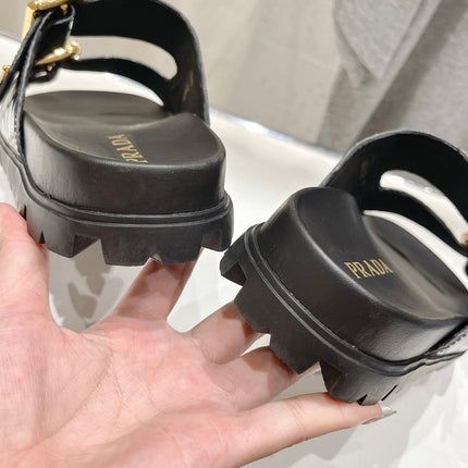 PRA CROCODILE MOTIF STRAP SLIDES SANDALS BLACK AND LAPIS CALFSKIN