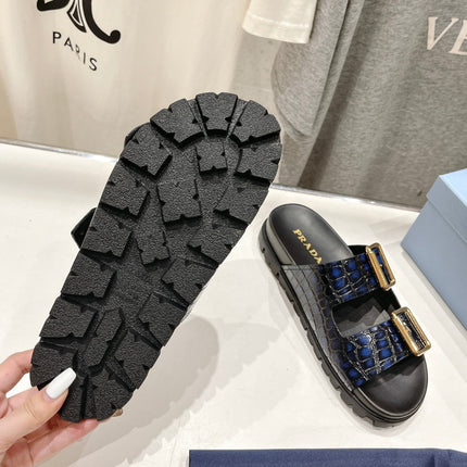 PRA CROCODILE MOTIF STRAP SLIDES SANDALS BLACK AND LAPIS CALFSKIN