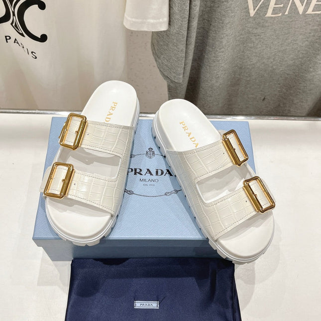 PRA CROCODILE MOTIF STRAP SLIDES SANDALS WHITE CALFSKIN