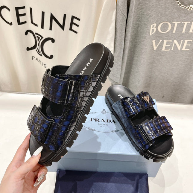 PRA CROCODILE LEATHER MOTIF SANDALS BLACK AND LAPIS CALFSKIN